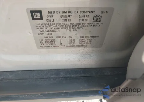 2017 Chevrolet Trax Ls из США, поврежденный, VIN KL7CJKSB3HB232738